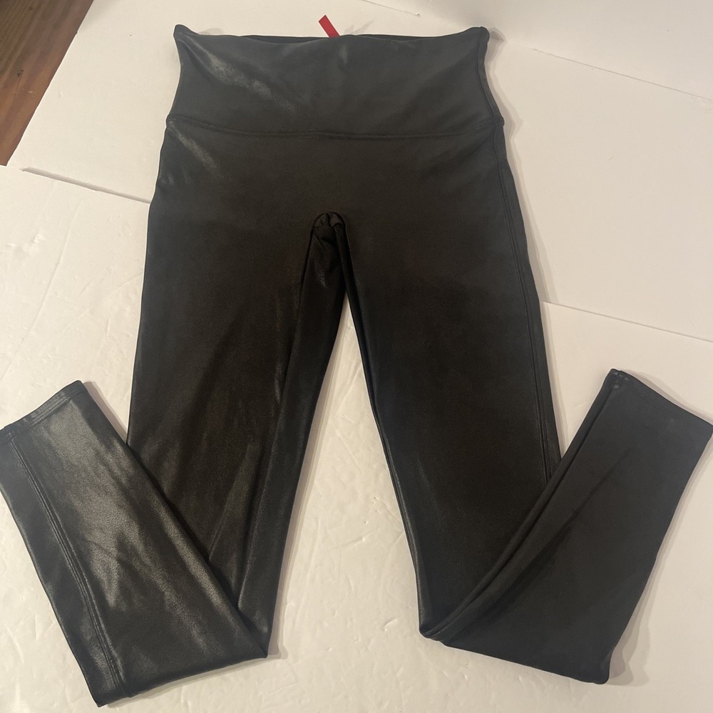 Spanx Women Black Faux Leather Leggings Size Large Stretch Slimming Shaping